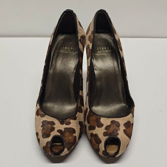 Stuart Weitzman Leopard Peep Toe Pumps Heels Cal Hair Leather 7.5 - Picture 2 of 8
